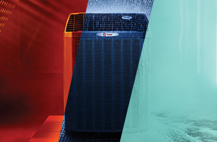 Trane air conditioner split in half, red and teal backgrounds, with rain effects.
