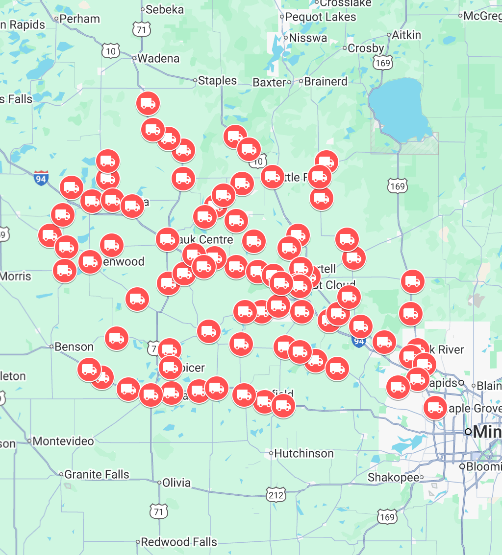 Red markers scattered on a map, primarily in a rural area of Minnesota, indicating locations.