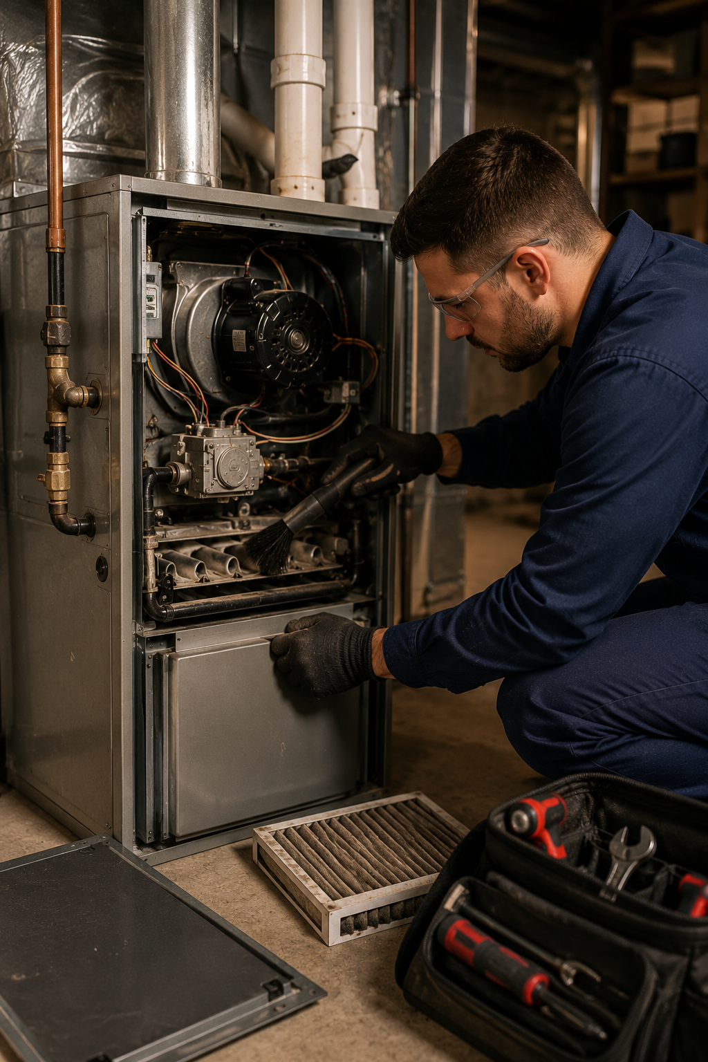 Technician doing maintenance on a furnace