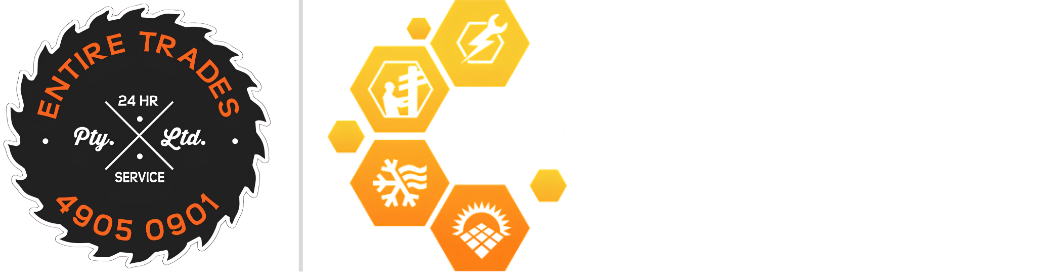 Black circular logo beside orange hexagon icons on a white background