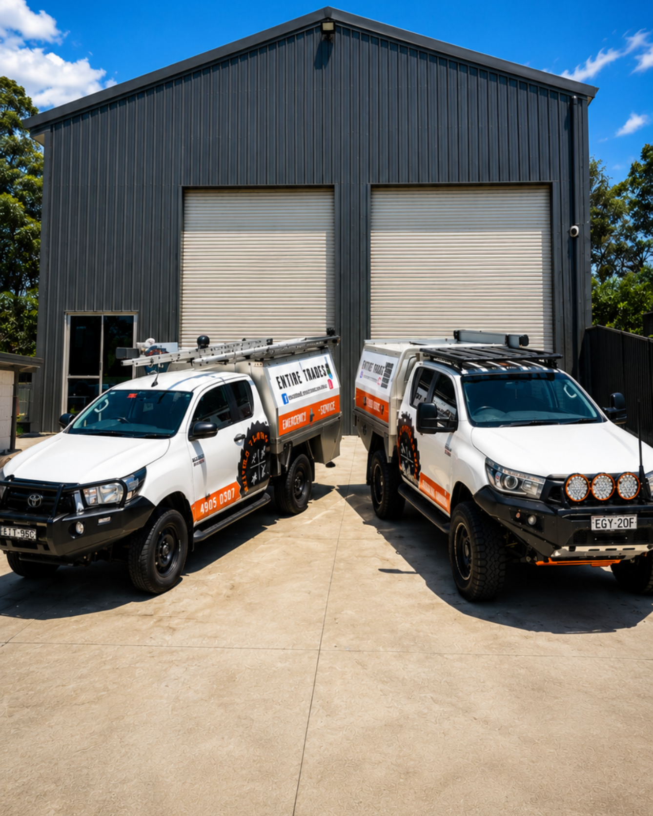 Two white utility trucks parked in front of a large gray warehouse with two closed bay doors.