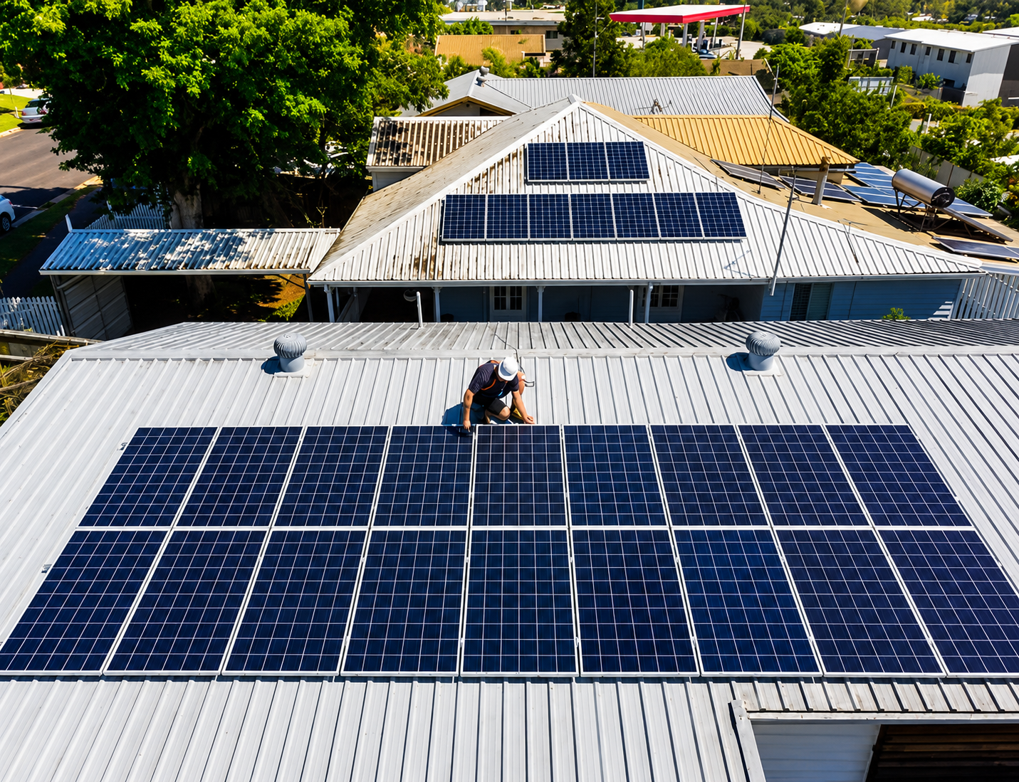 Solar panels on a rooftop with two workers, viewed from above under bright daylight.