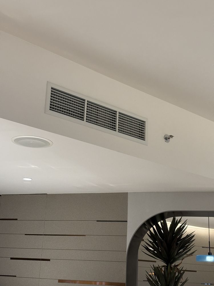 Ceiling with air vents, recessed light, and modern interior wall with plant below