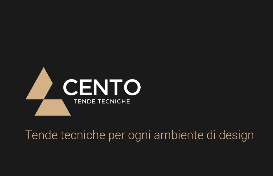 Logo per Cento Tende Tecniche. Presenta una forma geometrica e un testo dorati e bianchi su sfondo nero.