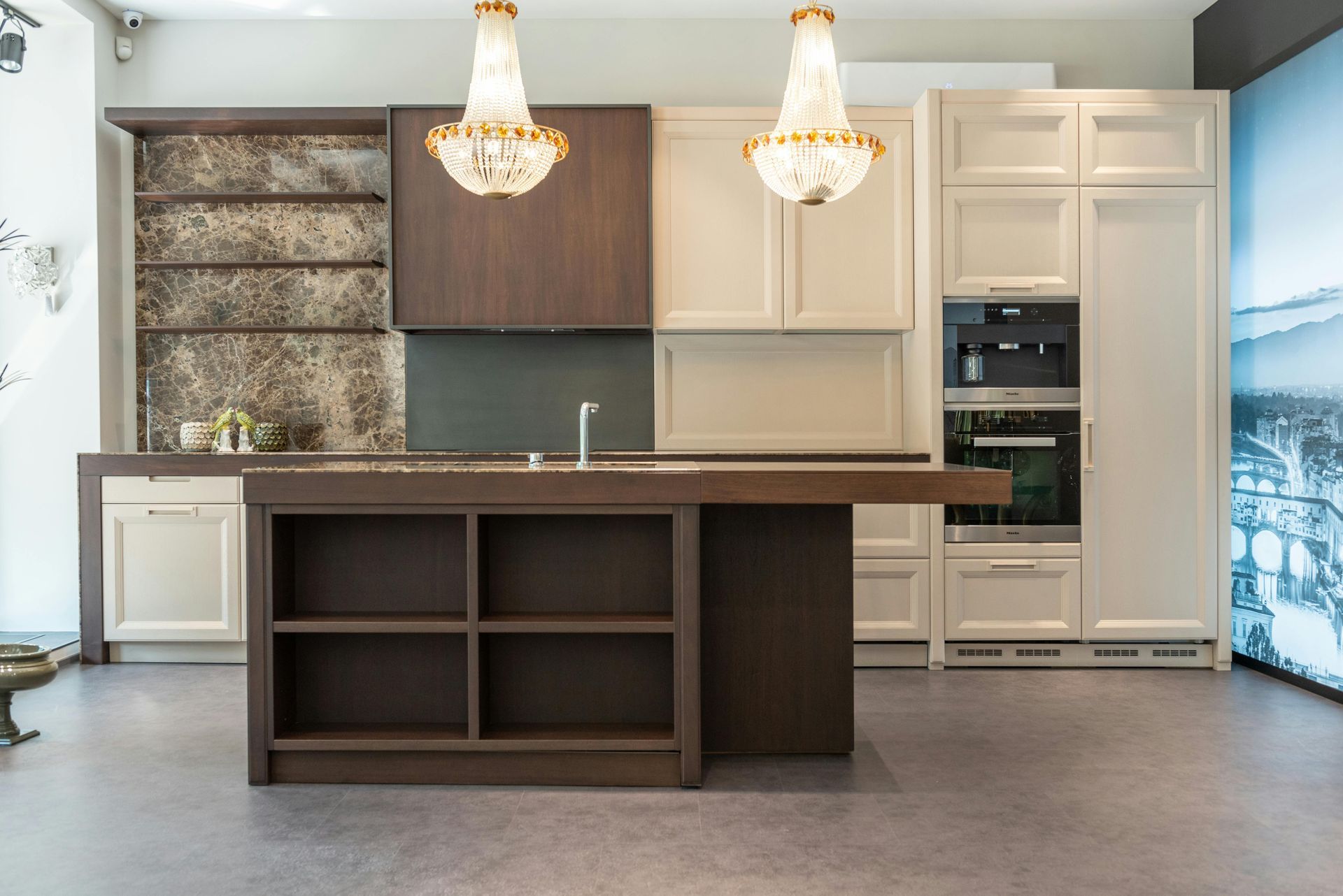 A kitchen with a large island in the middle of the room.