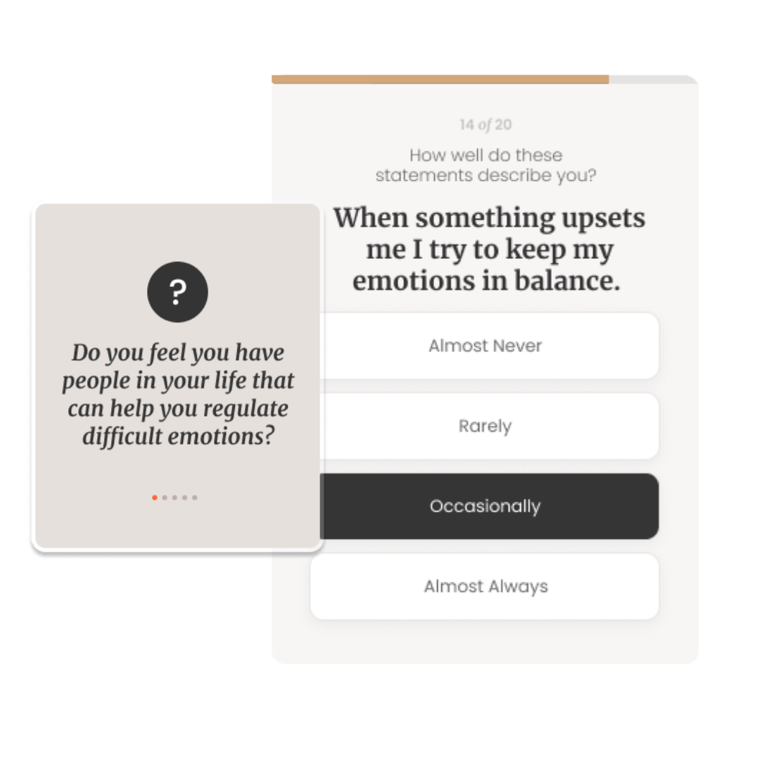 Survey asking how often others help regulate emotions, with “Occasionally” selected on a white and gray screen