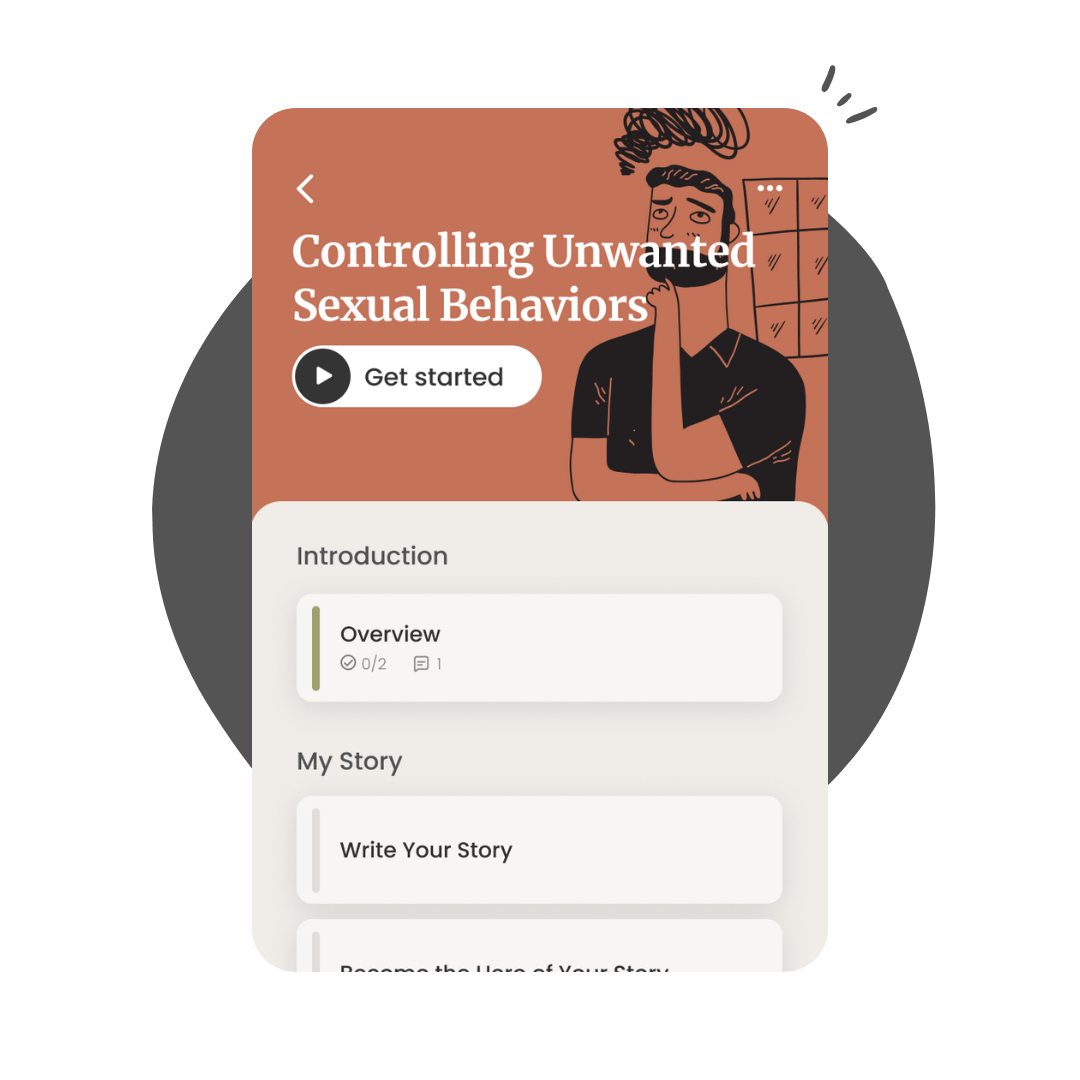 App screen titled “Controlling Unwanted Sexual Behaviors” with a “Get started” button and “My Story” section