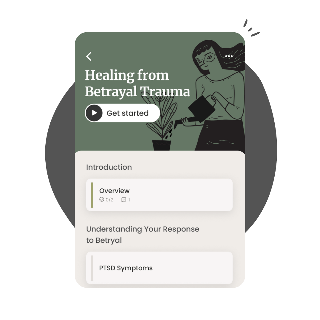 Mobile app screen for “Healing from Betrayal Trauma” with a get started button and lesson cards.