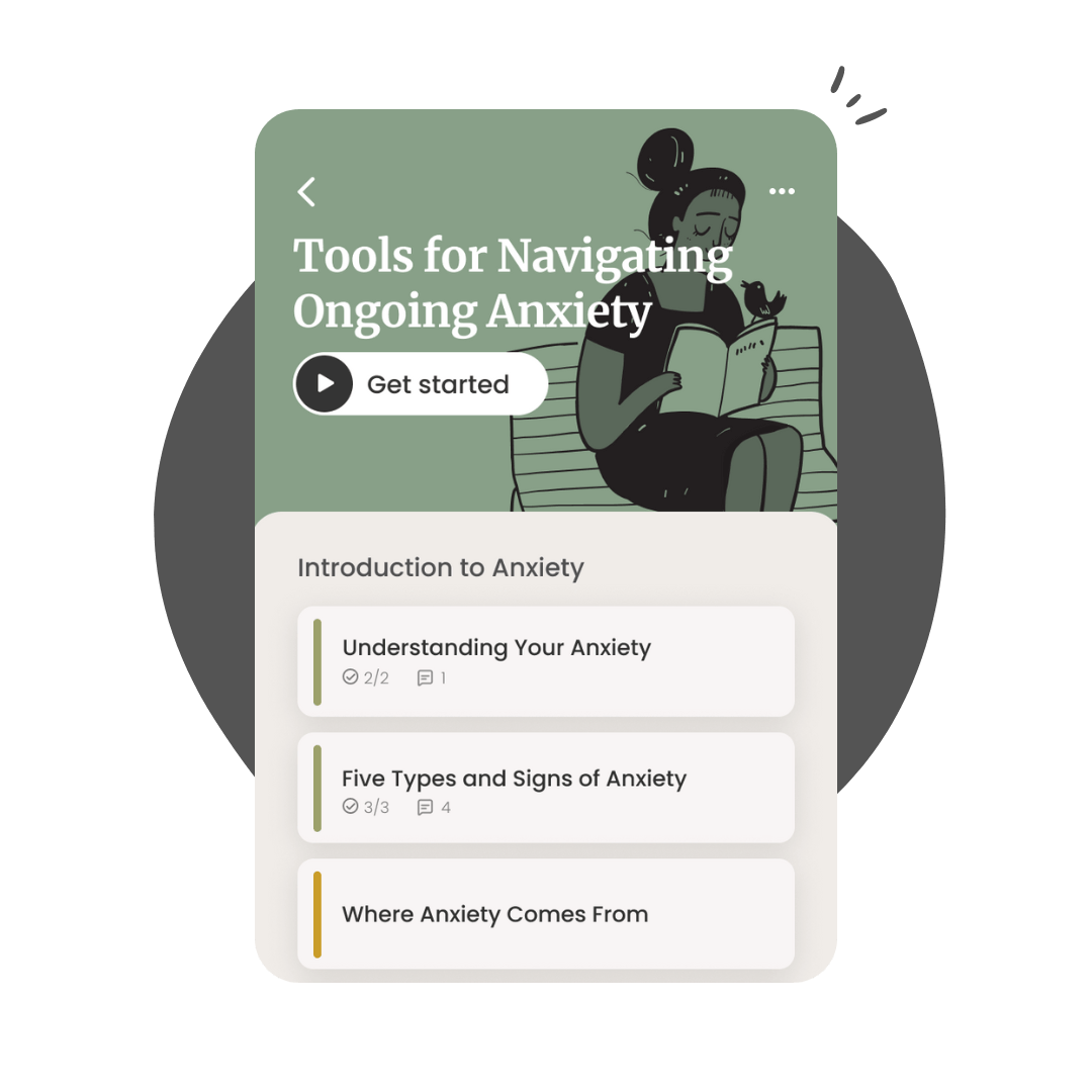 Mental health app screen titled “Tools for Navigating Ongoing Anxiety” with a get started button and topic cards