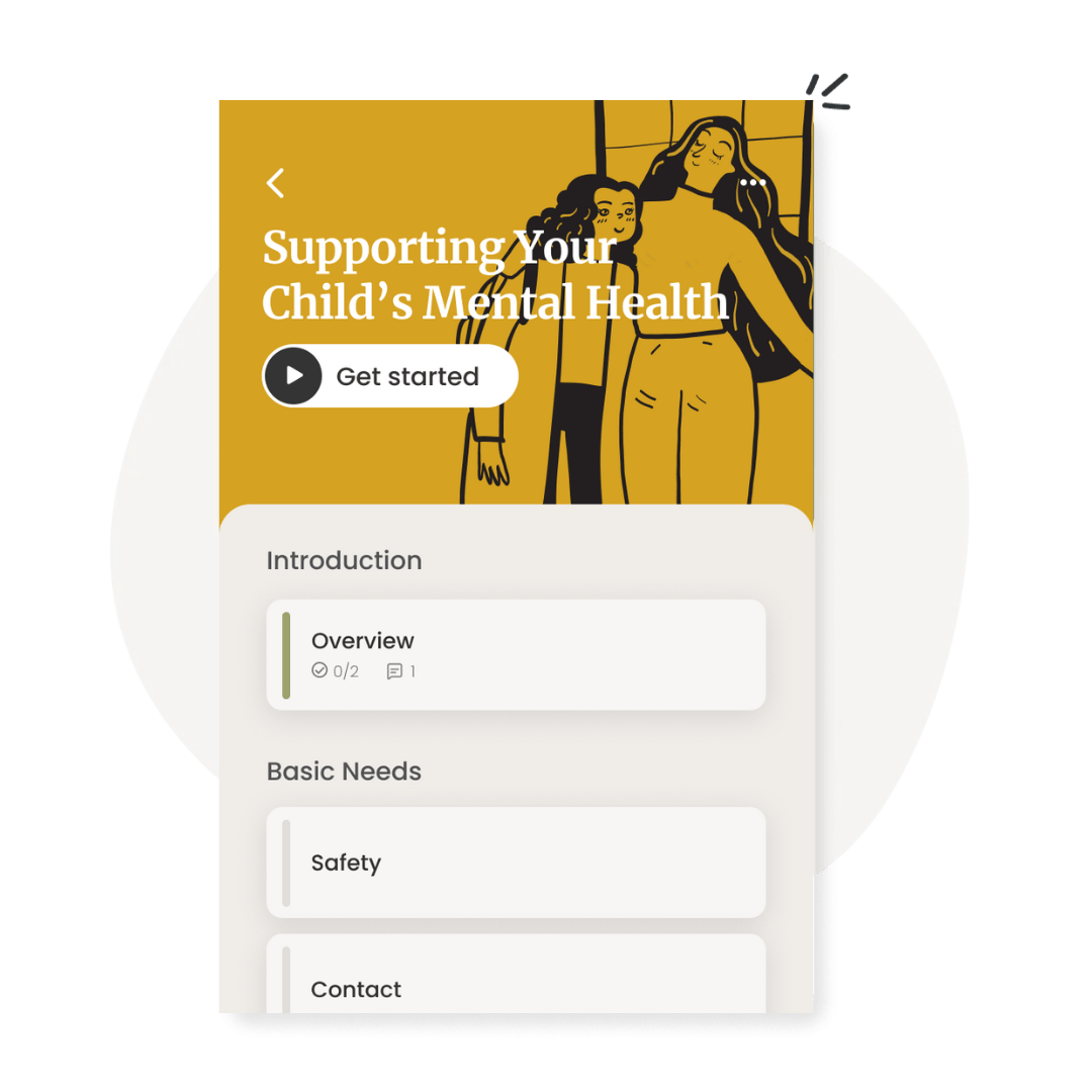 Mobile health app screen in yellow and white, titled “Supporting Your Child’s Mental Health,” with menu cards below