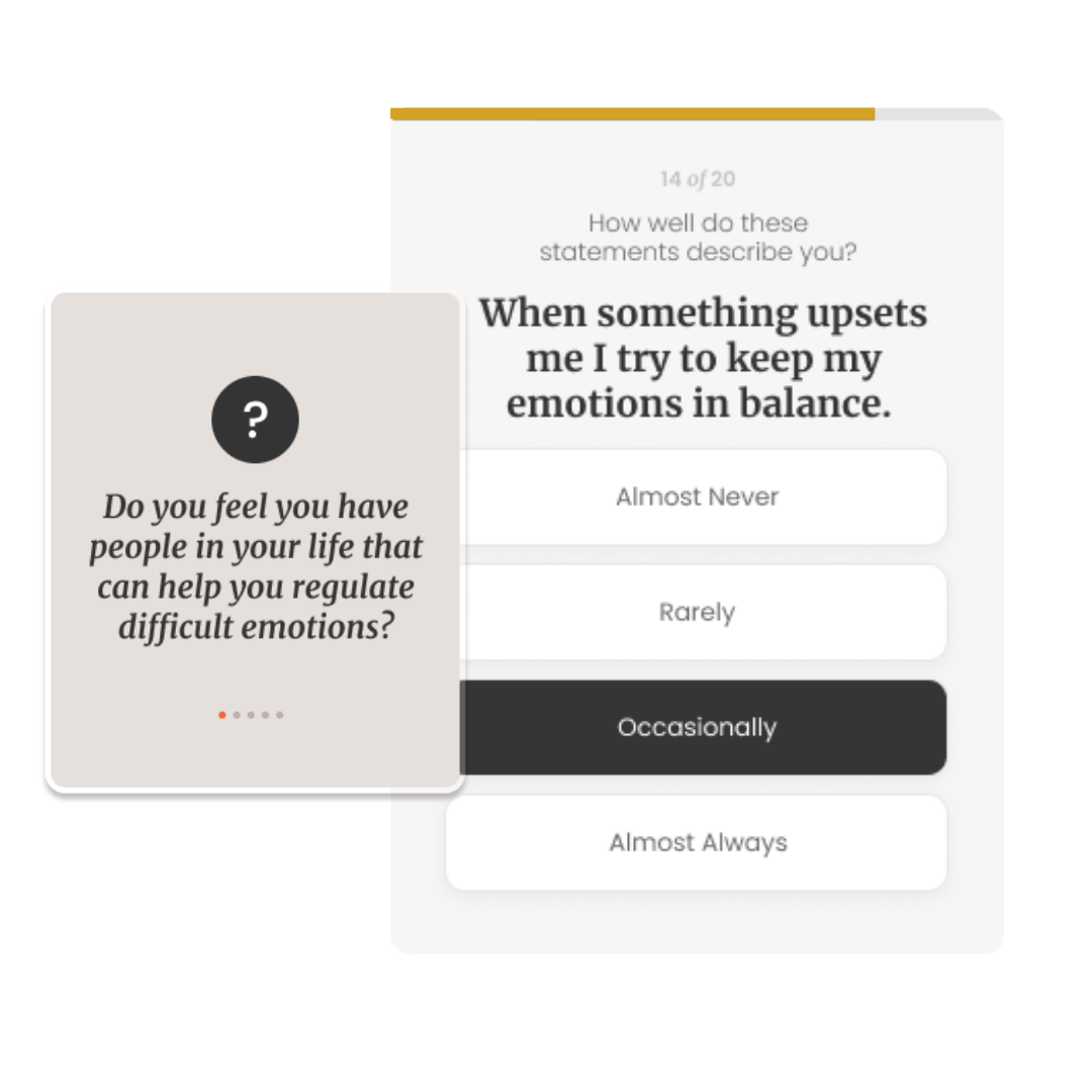 Two overlapping survey cards asking about regulating emotions, with one response option highlighted in dark gray.