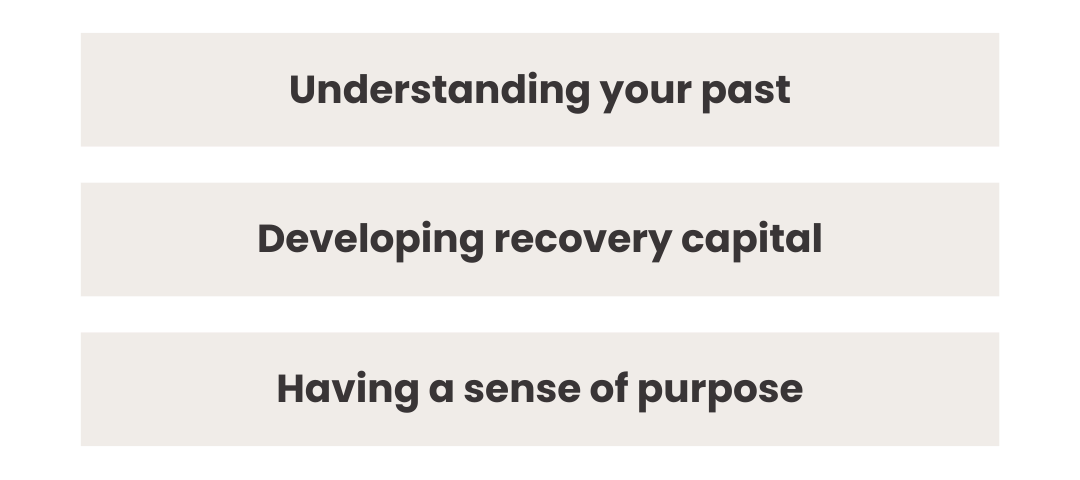Three stacked beige buttons labeled “Understanding your past,” “Developing recovery capital,” and “Having a sense of purpose”