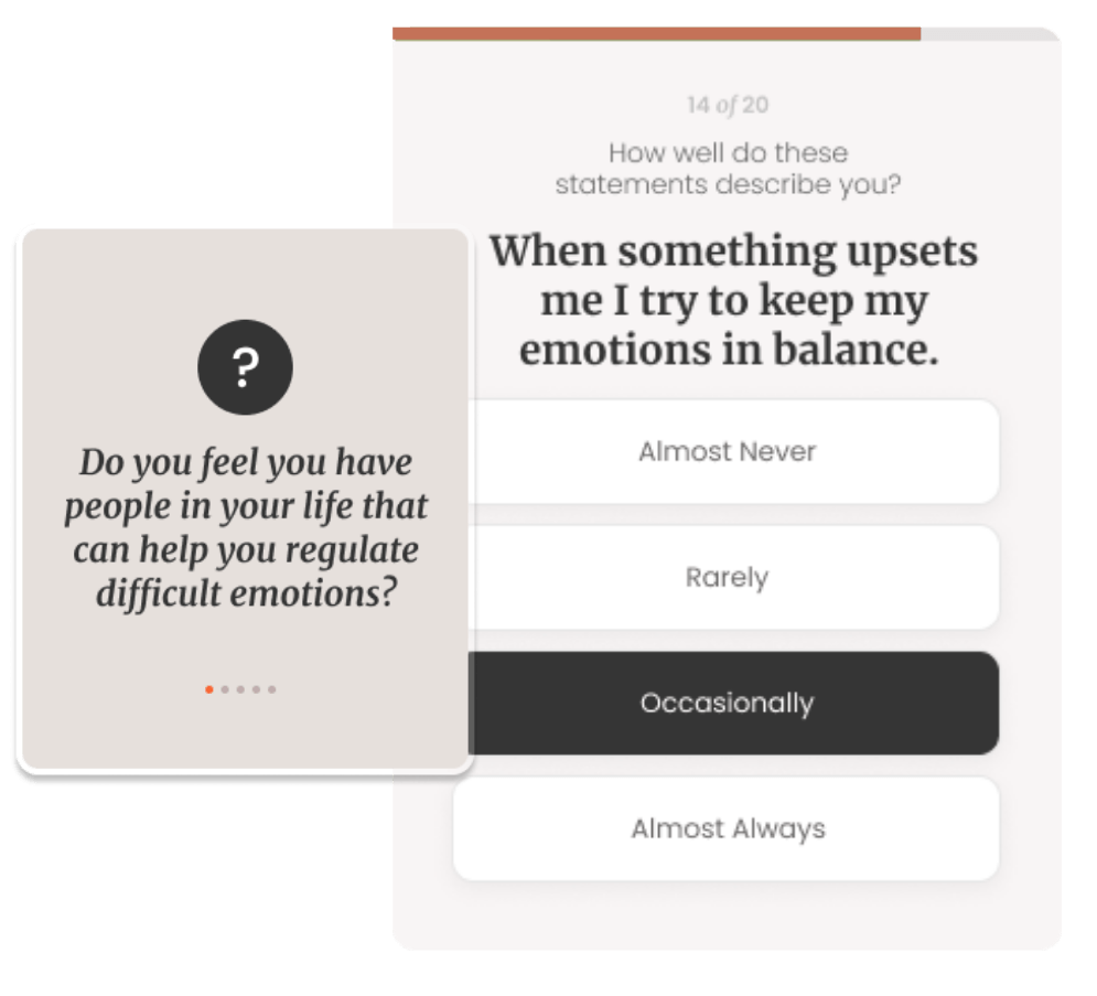 Survey screen with a statement and four choices; “Occasionally” is selected, with a prompt card on the left.
