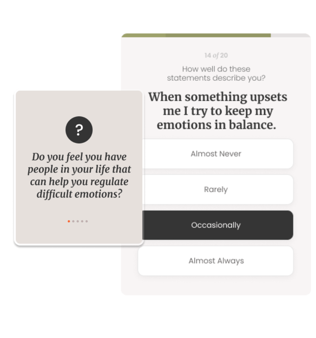 Survey screen about emotional regulation with “When something upsets me…” and multiple-choice options.