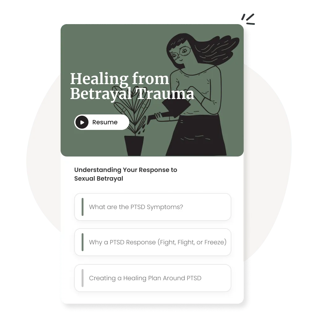 Healing from Betrayal Trauma web page with green header, illustration, and three text entry fields