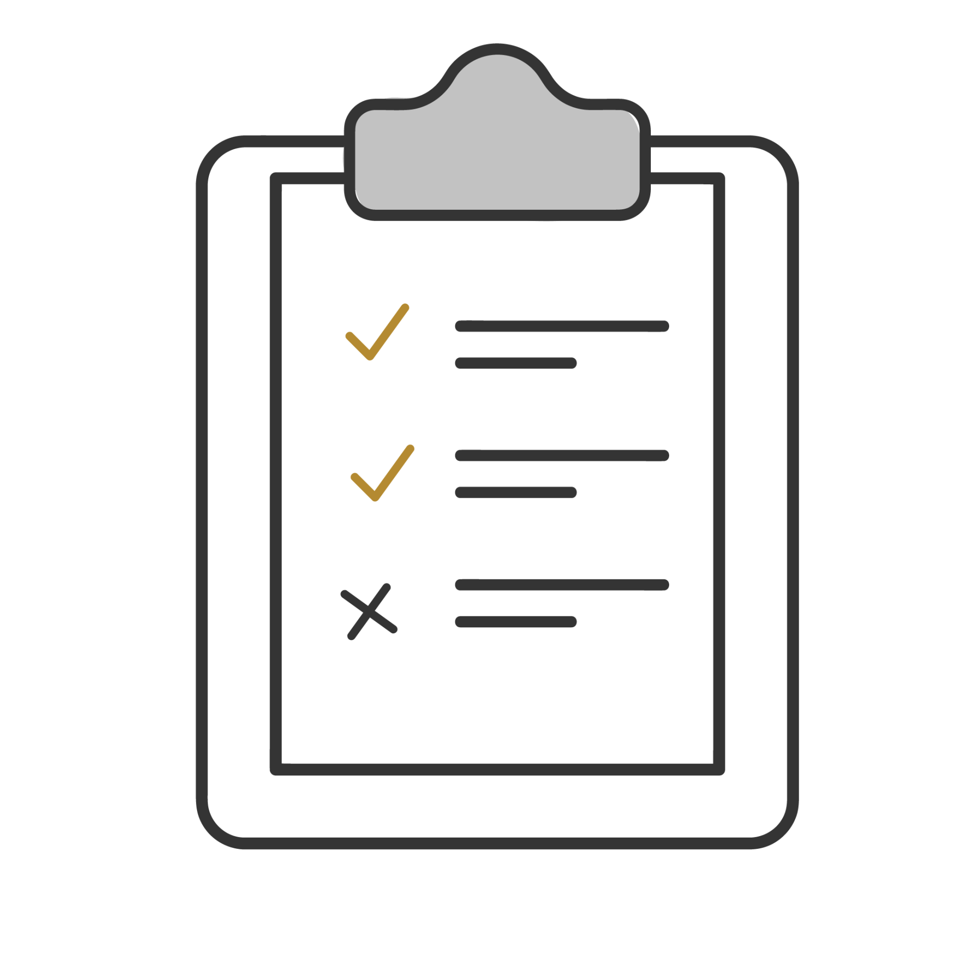 Clipboard checklist with two check marks and one X in gray and gold.
