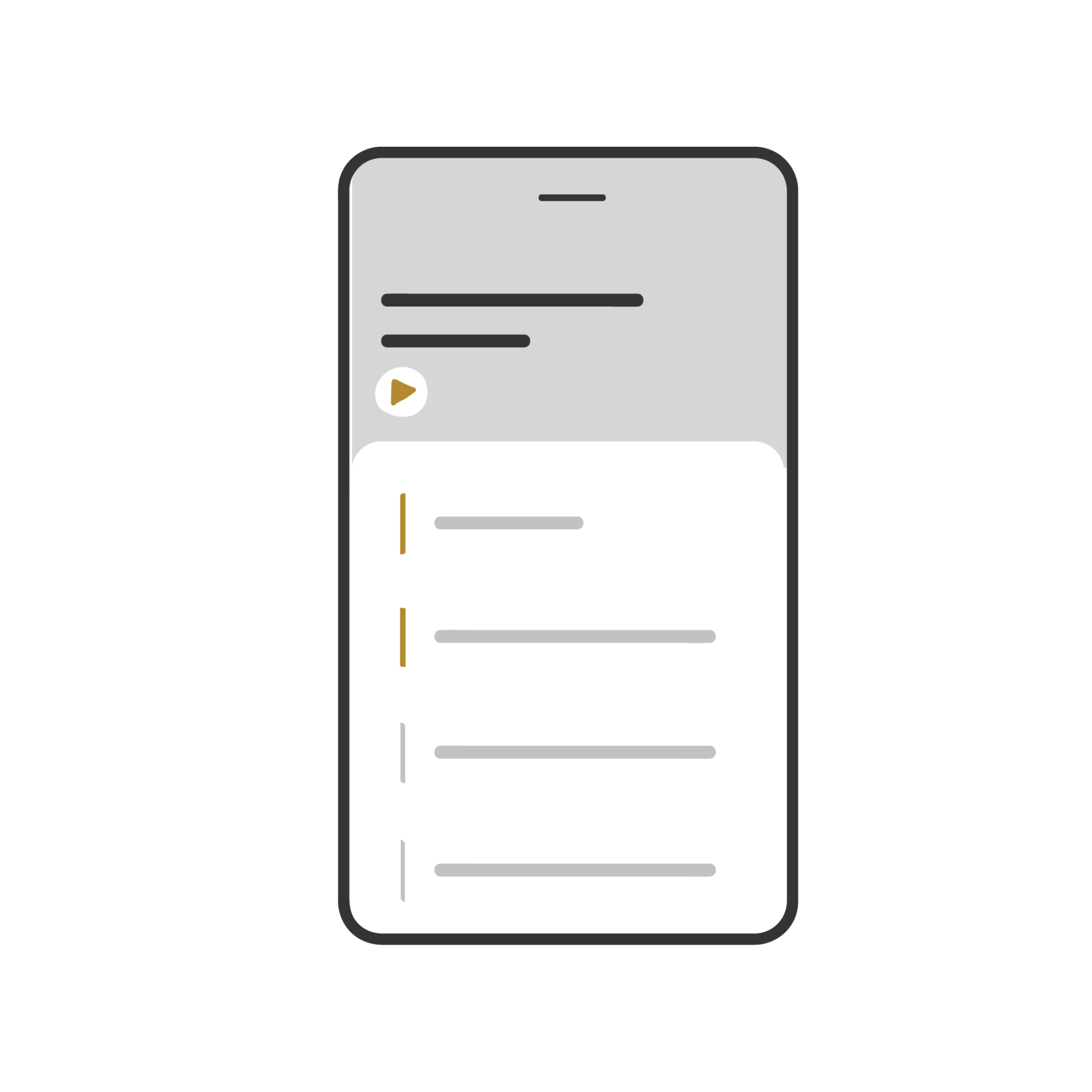 Minimal phone screen with a gray header and white list items, like a menu or app interface