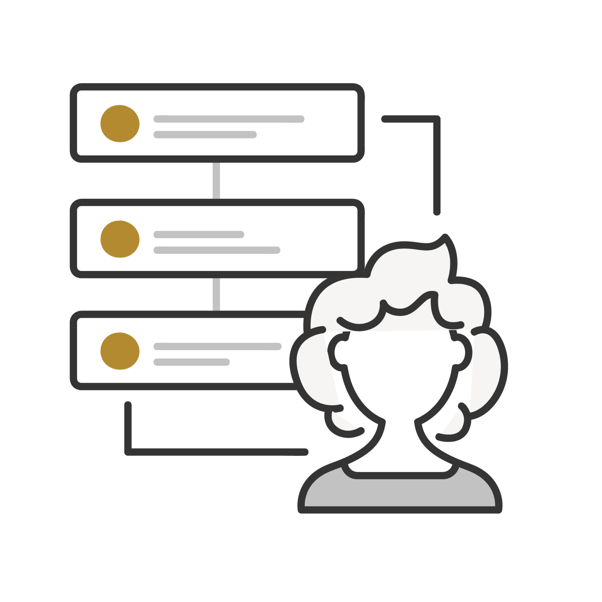 Dashboard icon showing stacked list cards beside a user silhouette