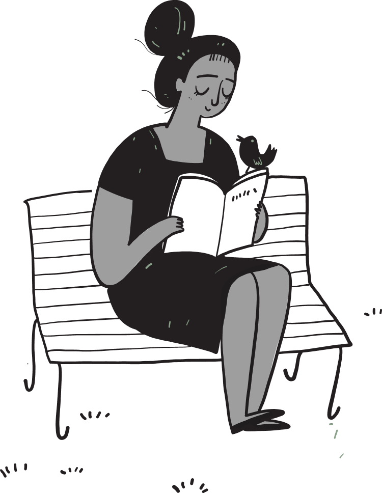 Person sitting on a bench reading a book, with a bird perched on the pages.