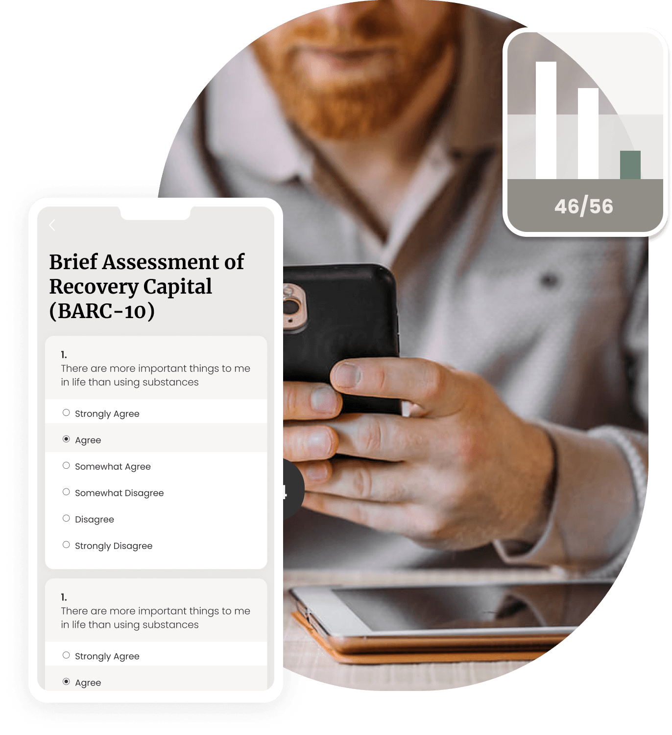 Man in white shirt using a phone at a desk, with a recovery-capital assessment form overlay.