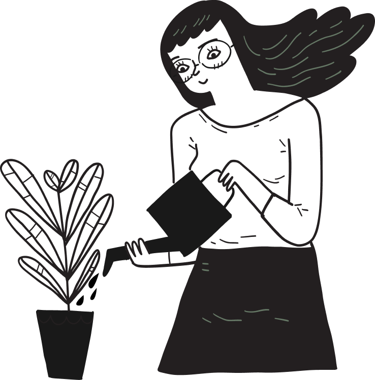 Woman watering a potted plant with a black watering can, hair blowing in the wind.