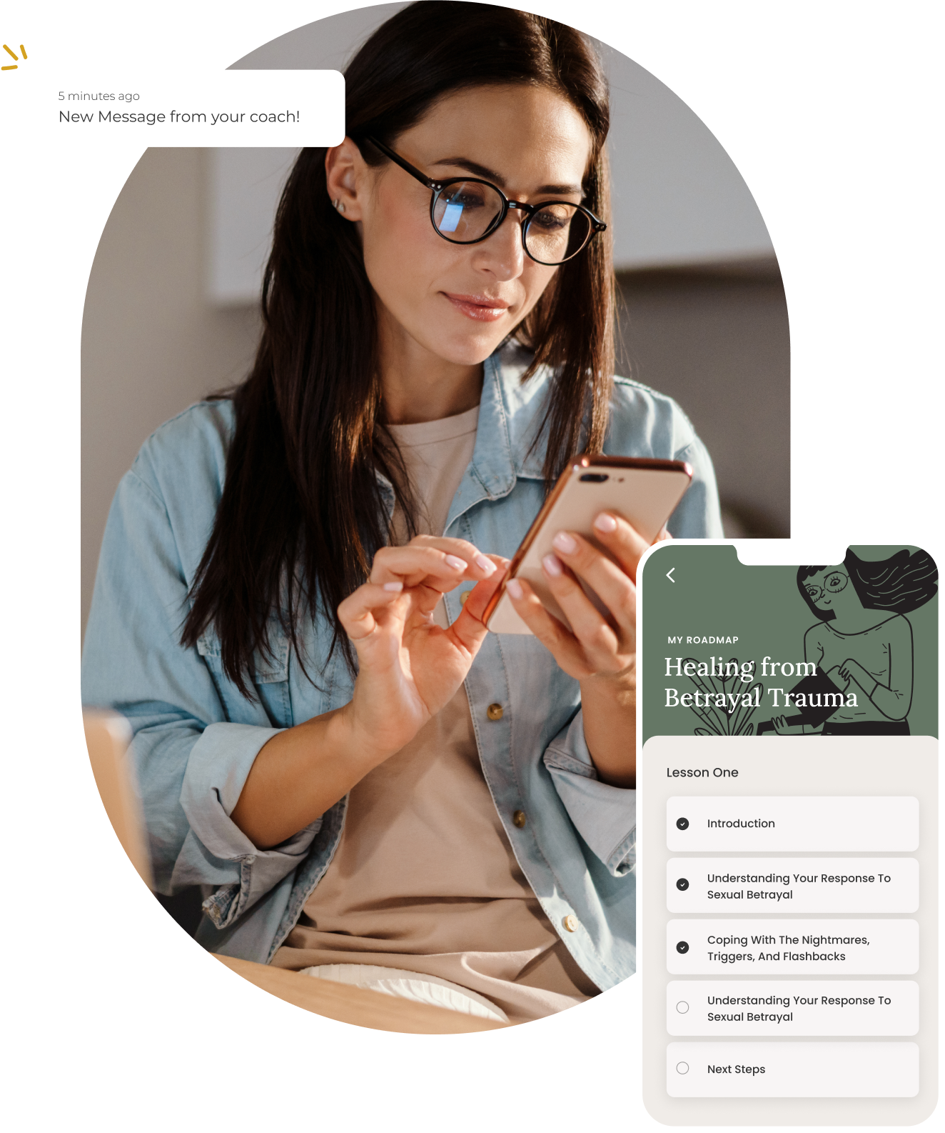 Woman with glasses using a smartphone beside a dark green botanical product card and checklist