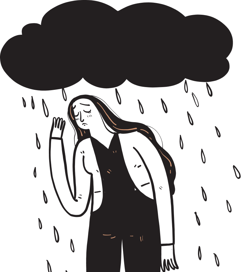 Person standing in rain under a dark storm cloud, head bowed and hand raised.
