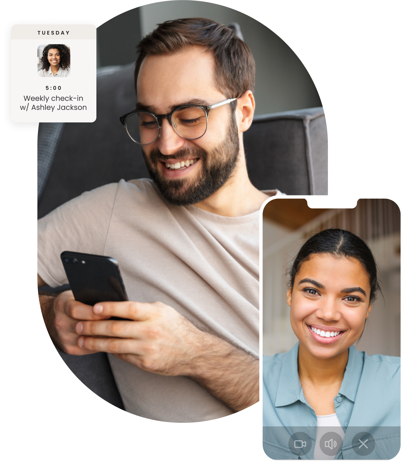 Two smiling people on a video call, one holding a phone and the other in a small inset window.
