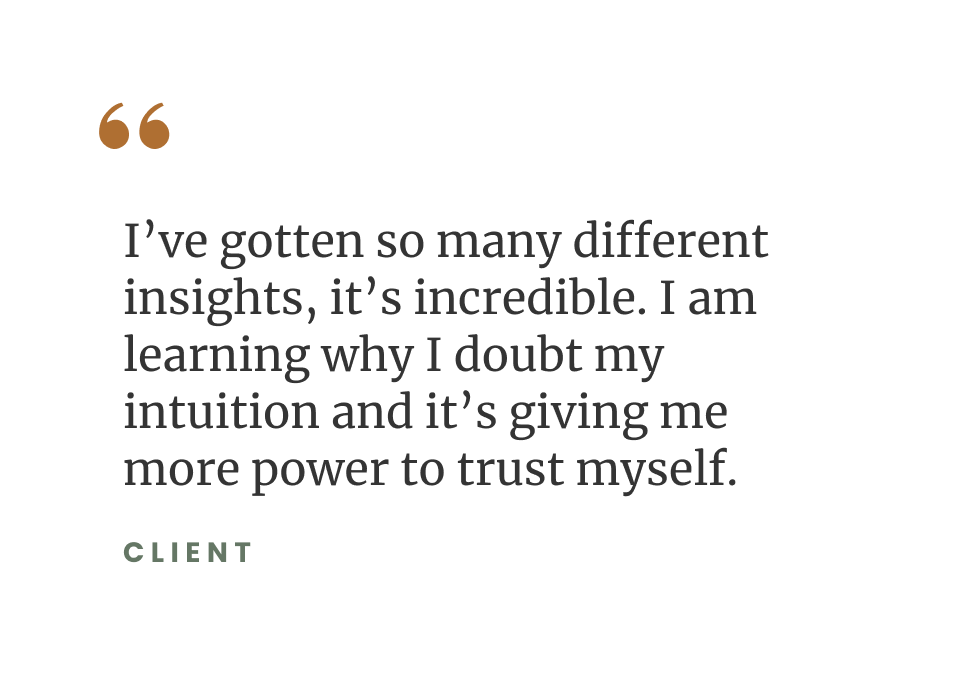 White quote card with gold quotation marks and client testimonial text about trusting intuition.