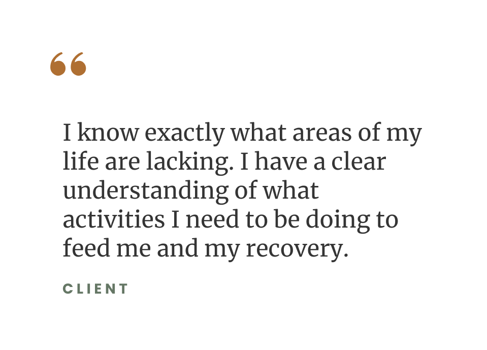 Quote about knowing what life areas are lacking and what activities support recovery; labeled