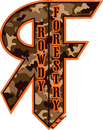 Camouflage Fort Forestry logo with bold orange outlined letters and a tree-shaped emblem