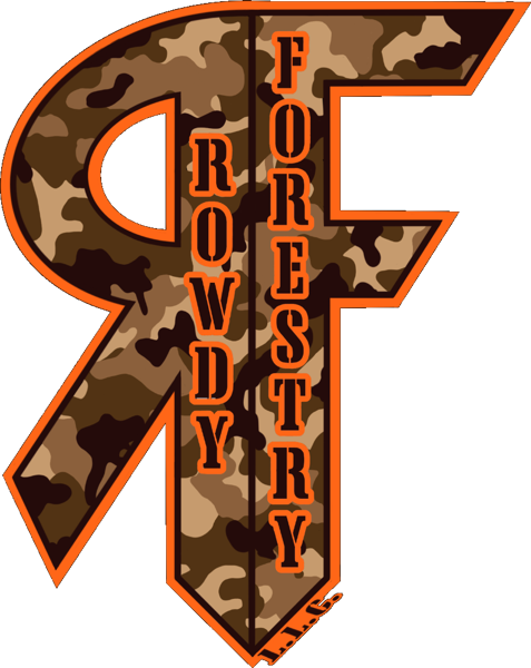 Camouflage Fort Forestry logo with bold orange outlined letters and a tree-shaped emblem