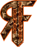 Camouflage Fort Forestry logo with bold orange outlined letters and a tree-shaped emblem
