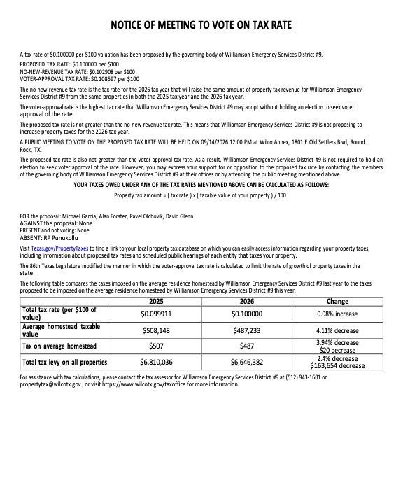 Notice of meeting to vote on tax rate, with dense black text and a small tax rate comparison table.
