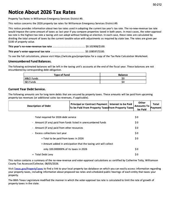 Notice about 2026 tax rates with a table of current tax benefits and due dates
