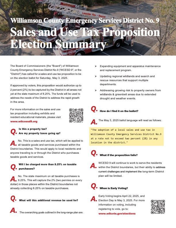 A flyer for Williamson County emergency services district no. 9 sales and use tax proposition election summary