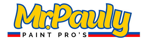 Mr. Pauly's Paint Pro's logo with bold red and blue lettering, featuring a dynamic yellow paint swoosh underlining 'Mr. Pauly' and the term 'PAINT PRO'S' in capitalized red font with a blue underline.