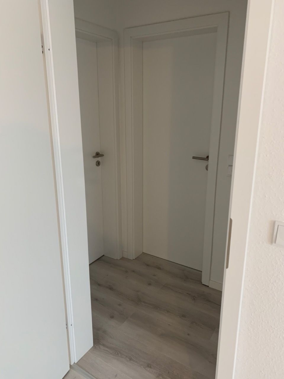 Weißer Flur mit zwei geschlossenen Türen und hellem Holzboden