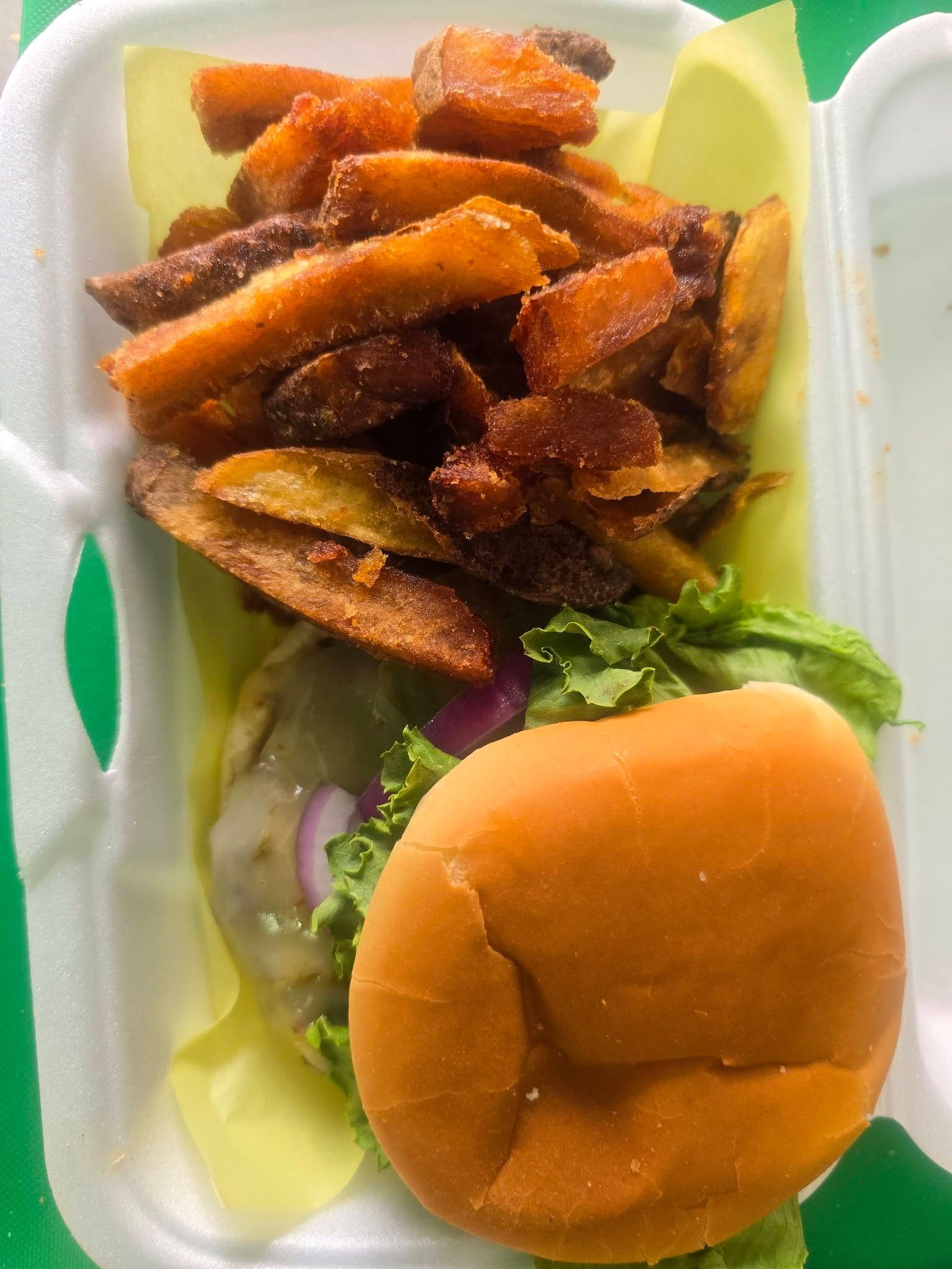 Finger steaks with a burger and fresh cut fries