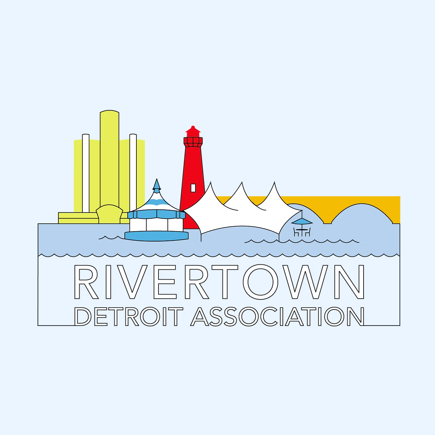 Rivertown Detroit Association logo with colorful city skyline, lighthouse, river, and waves