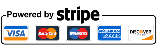 Powered by Stripe payment badge with Visa, Mastercard, Maestro, American Express, and Discover logos