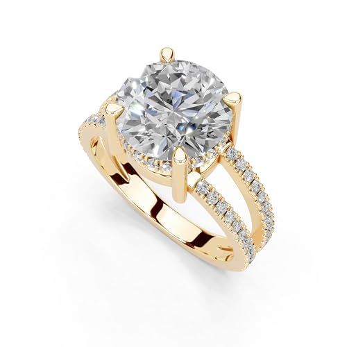 Gold engagement ring with a large, round diamond and smaller diamonds on the band.