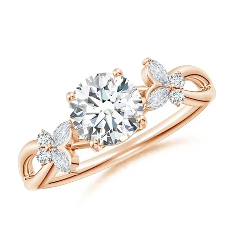 Rose gold ring with a round diamond center and floral diamond accents.