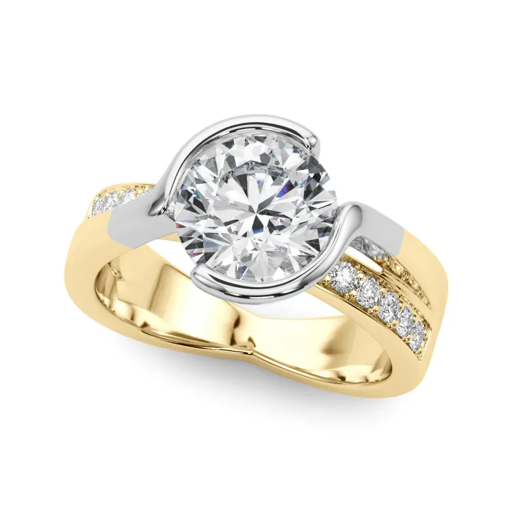 Yellow gold engagement ring with a large, round diamond and smaller side diamonds.