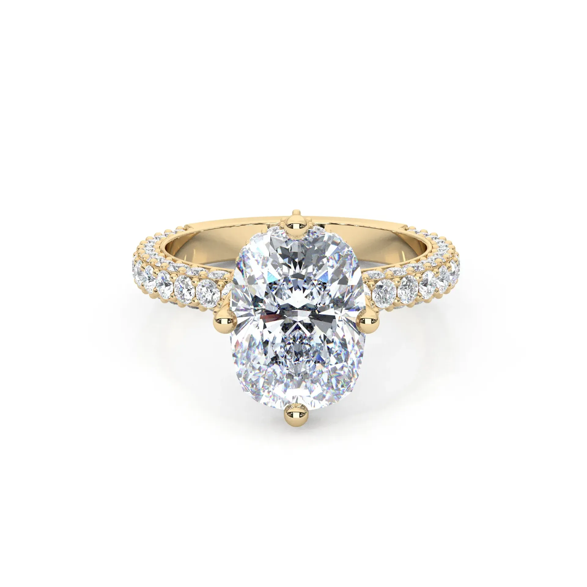 Gold engagement ring with a large oval-cut diamond center stone, surrounded by smaller diamonds on the band.
