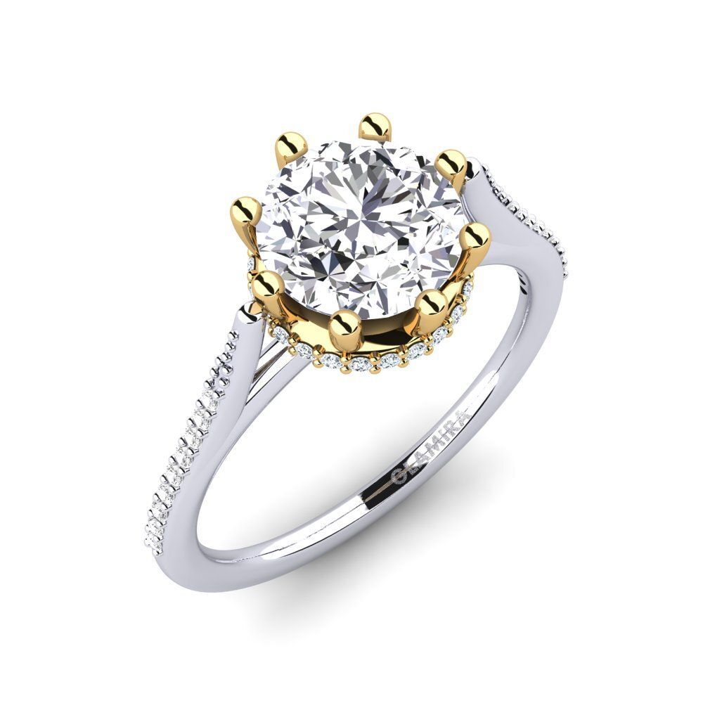 Diamond engagement ring with a round, white stone set in a gold and silver band.