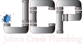 Logo for John's Creek Plumbing: "JCP" in stylized gray pipes, with a blue water splash from the "J".