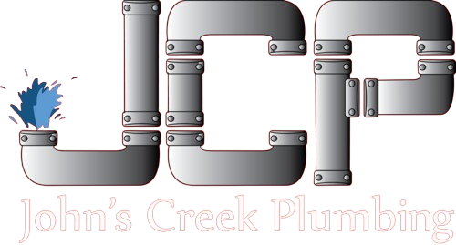Logo for John's Creek Plumbing: "JCP" in stylized gray pipes, with a blue water splash from the "J".