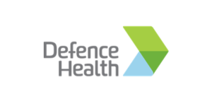 Defence Health logo with gray text and green-blue geometric arrow icon