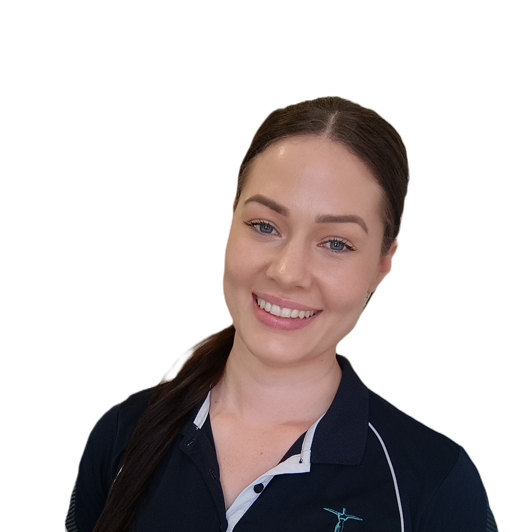 A smiling person with dark hair in a ponytail wearing a navy polo shirt with white trim, set against a white background.